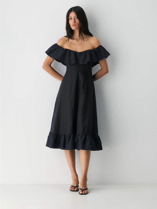 Aritzia Dresses & Skirts - Wilfred Marmion Linen Dress Black Off Shoulder Ruffle Midi Size 4 Aritzia